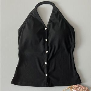 New OGL Plantive® Stretch Cotton Halter Neck Faux Button Placket Brami - Black